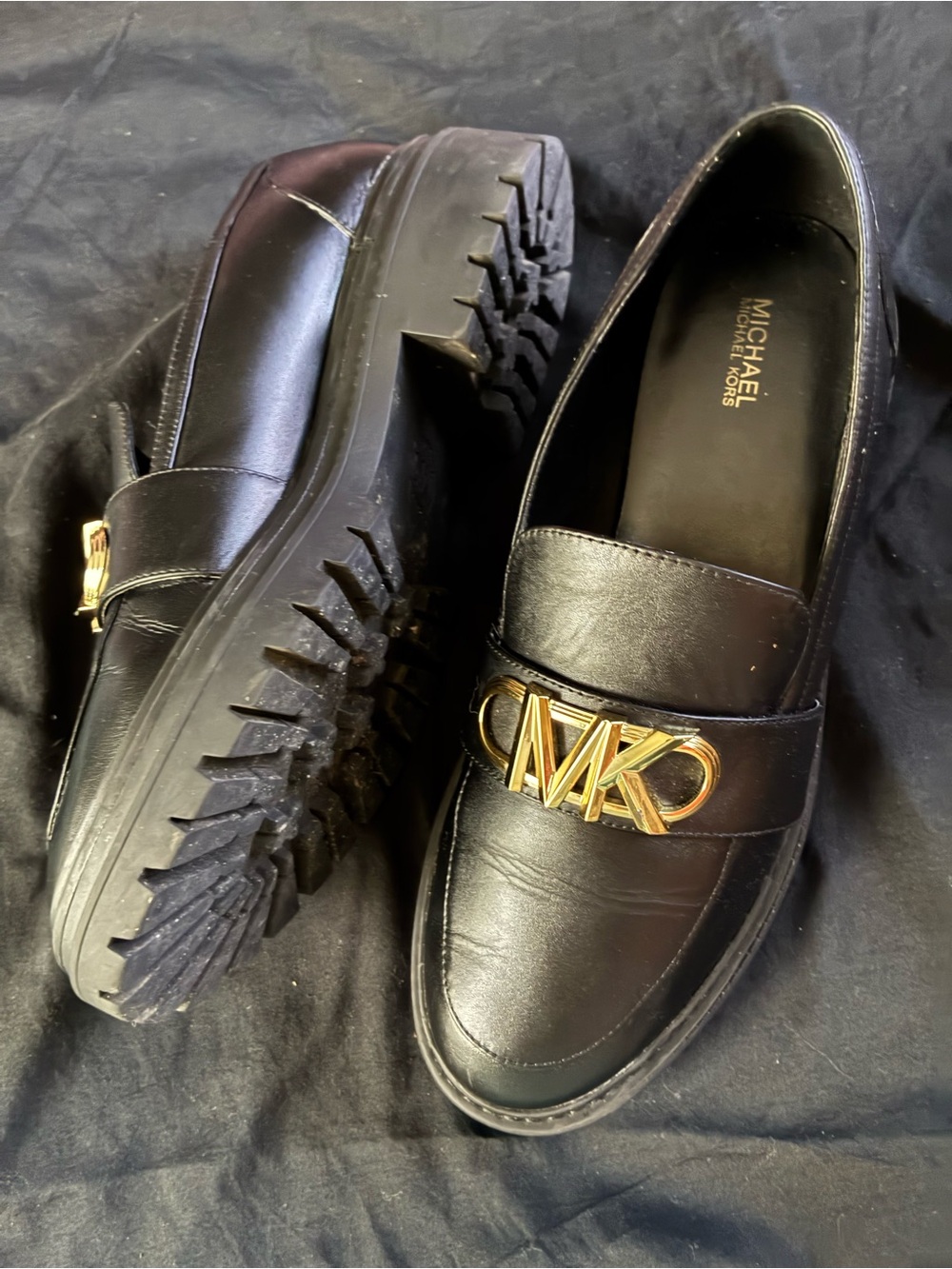 Michael Kors Women’s Black Leather Loafers with Gold MK Accent Sz 10